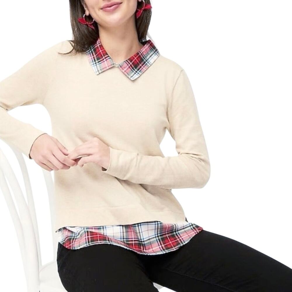 J.CREW Women’s Layered Long Sleeve Tan and Plaid Cotton Sweater XL